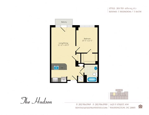 Floor plan for 1 bed, 1 bath, 676 sqft